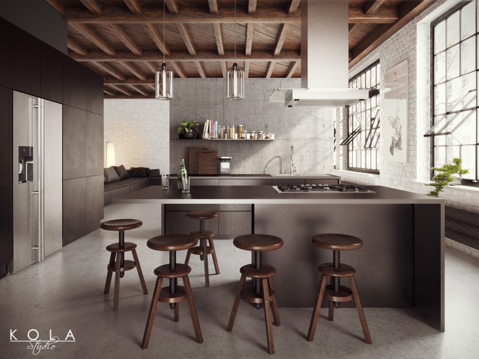 visualization of an industrial kitchen in loft with concrete wall and floor, wooden ceiling and dark cabinets