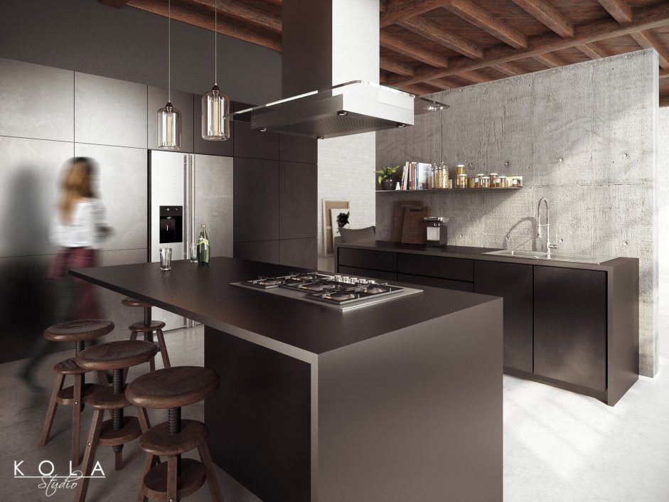 visualization of an industrial kitchen in loft with concrete wall and floor, wooden ceiling and dark cabinets