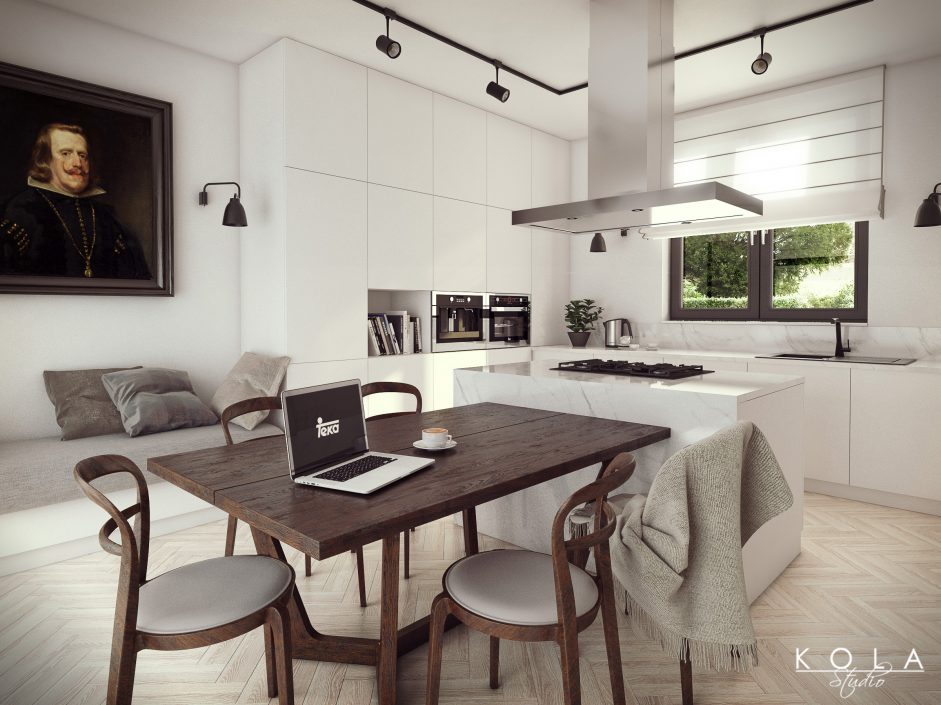 Interior visualization, big family kitchen with an island in an eclectic style with elegant white cabinets, marble countertops, black lamps, old wooden floor and table