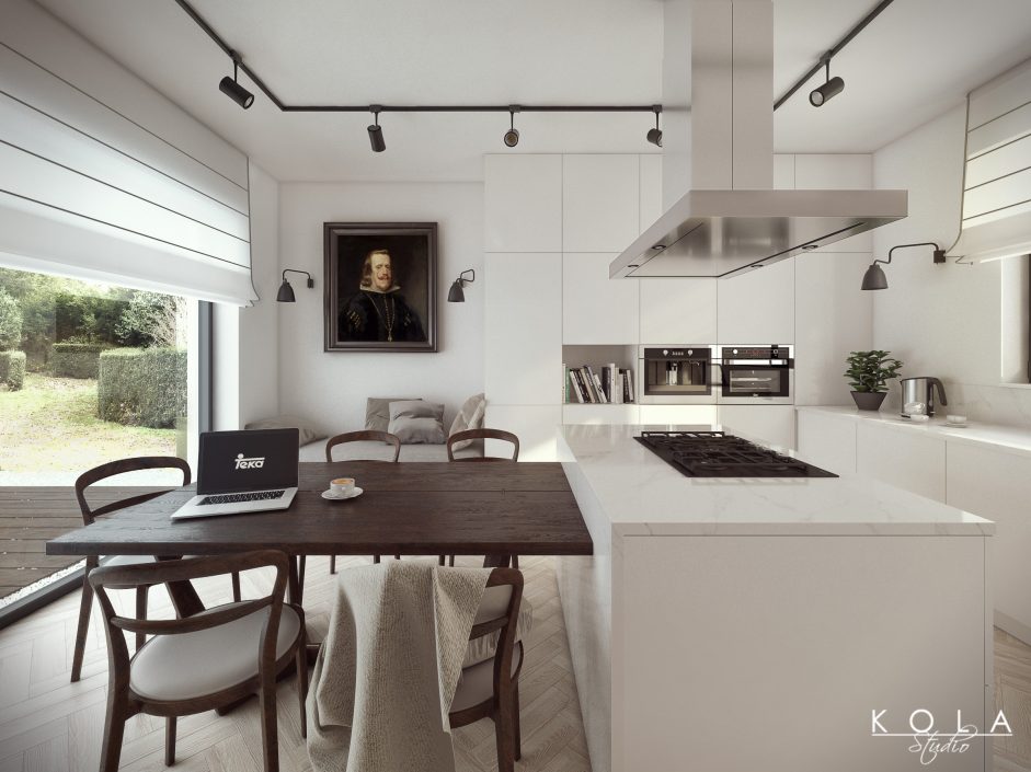Interior visualization, big family kitchen with an island in an eclectic style with elegant white cabinets, marble countertops, black lamps, old wooden floor and table