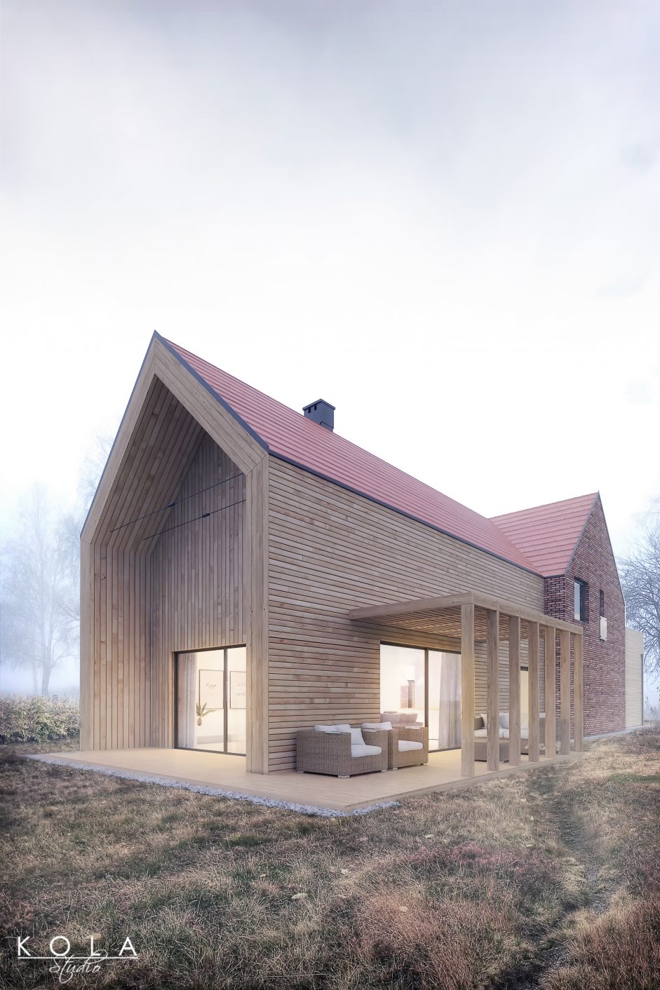 rural barn style house visualization with brick and wood facades shown in an autumn season 2