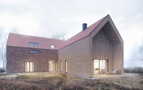 rural barn style house visualization with brick and wood facades shown in an autumn season thumb