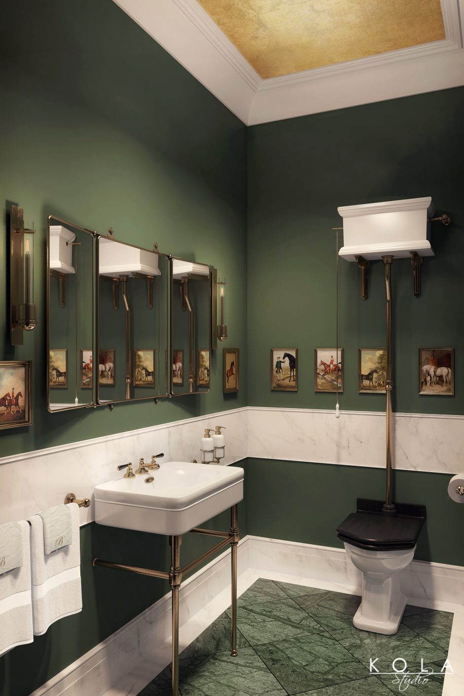 interior visualization of a classic british style bathroom in dark colours