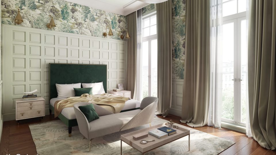 interior visualization of a glamour contemporary classic style bedroom 2
