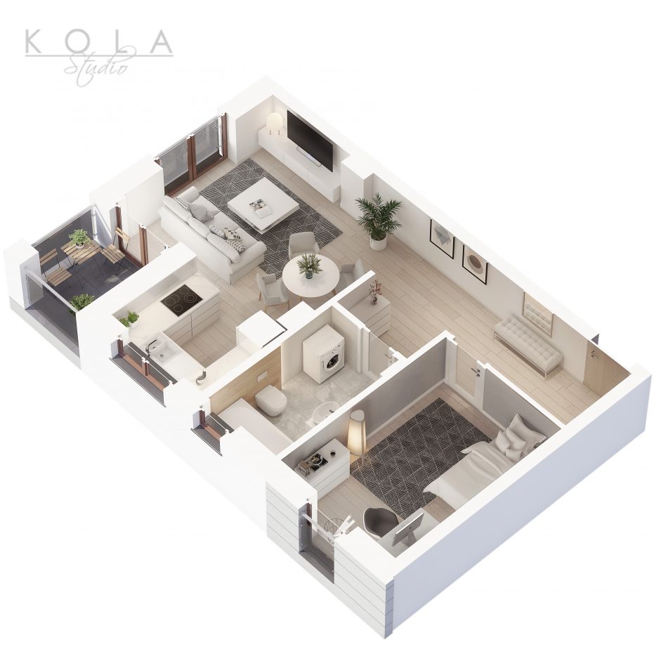 photorealistic 3d floor plan of a 2 bedroom apartment type 11W