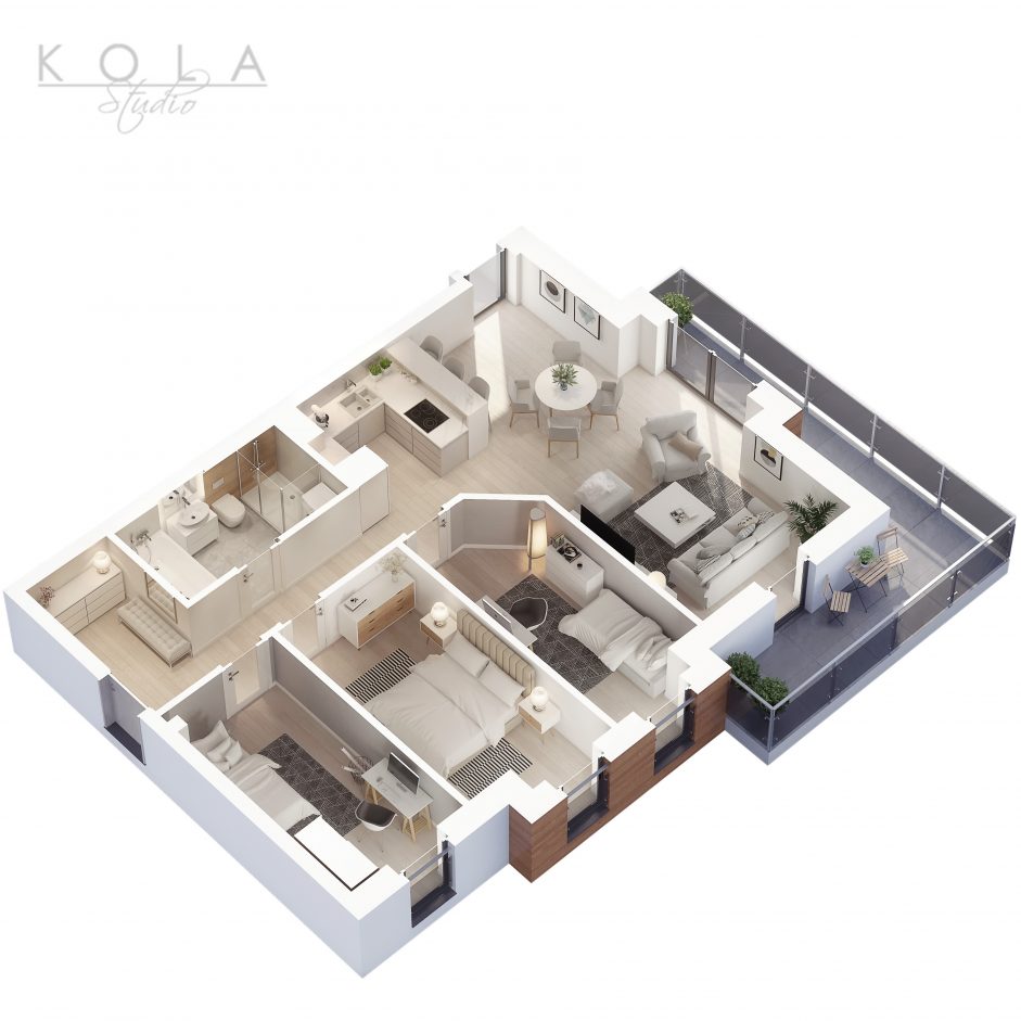 photorealistic 3d floor plan of a 4 bedroom apartment type 6W