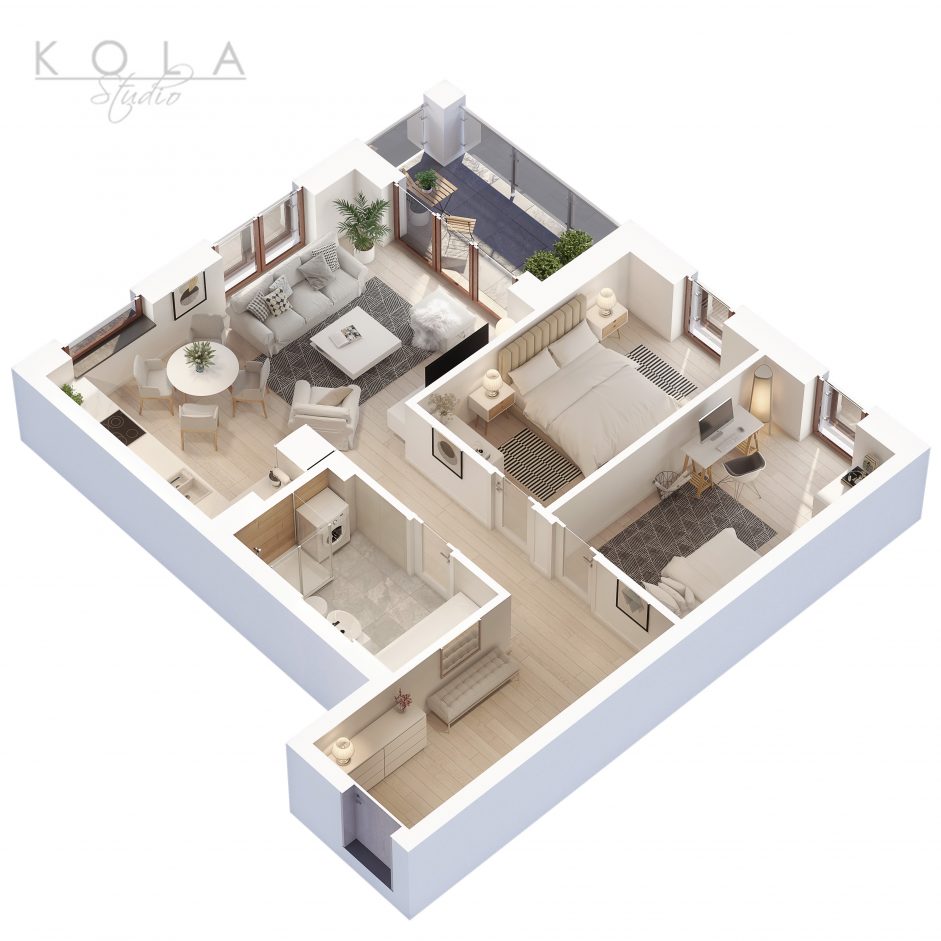 photorealistic 3d floor plan of a 3 bedroom apartment type 8W