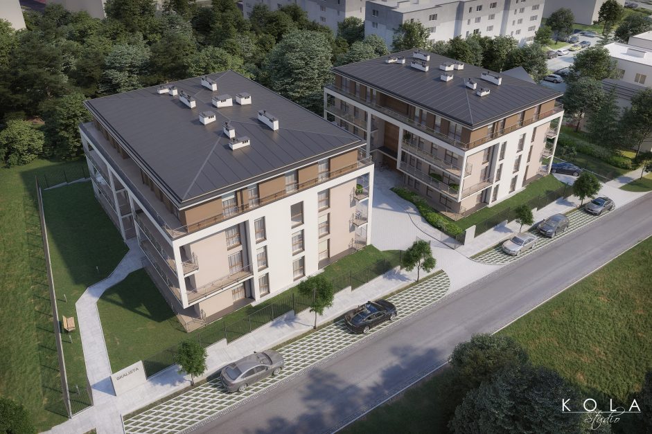 realistic architectural visualization of a multi-family complex in Poland in a bird eye view