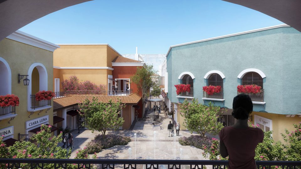 Architectural and photorealistic visualization of an internal courtyard of a shopping mall centre in Jordan designed in a middle-east style