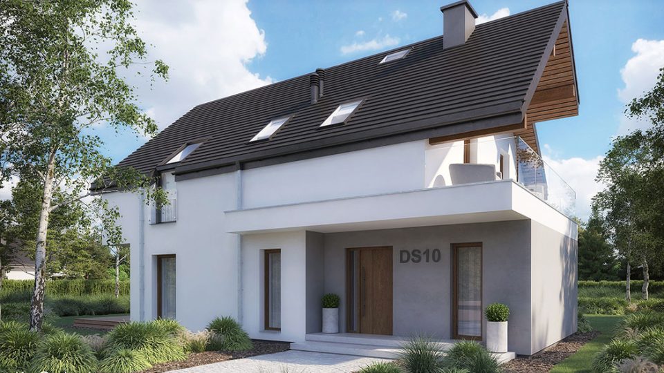 Architectural visualization of a modern suburban house – medium-sized family home with a gabled roof and natural wood accents