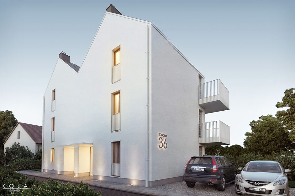 Exterior architectural visualization of an intimate housing development – minimalist, low-rise, multi-family residential building, shown from the backyard in the evening.