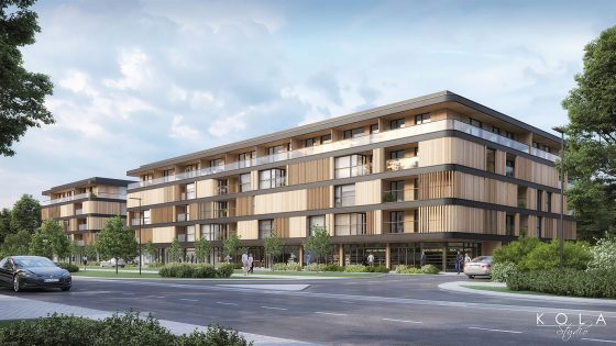 High-end 3d visualization of an architectural project - exclusive mid-rise apartment buildings with modern, elegant facades, set in a city center and surrounded by greenery.