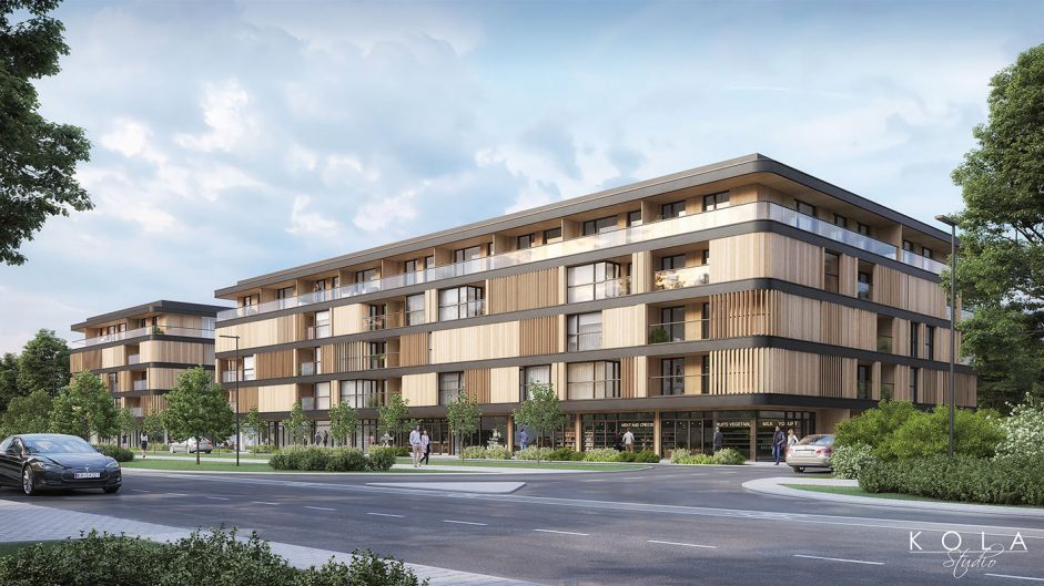 High-end 3d visualization of an architectural project - exclusive mid-rise apartment buildings with modern, elegant facades, set in a city center and surrounded by greenery.