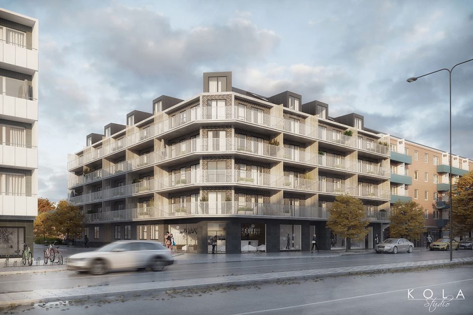 High-end residential marketing showcasing a modern, elegant luxury apartment building with a mixed-use commercial ground floor.