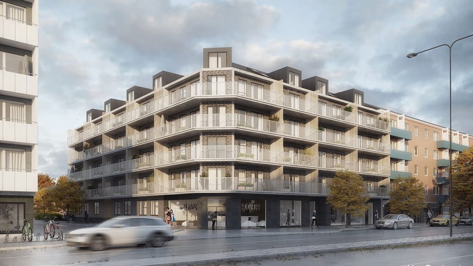 High-end residential marketing showcasing a modern, elegant luxury apartment building with a mixed-use commercial ground floor.
