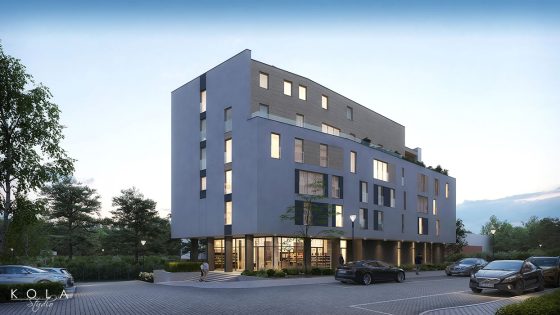 Architectural visualization of a new-build housing project featuring large windows and sustainable materials.