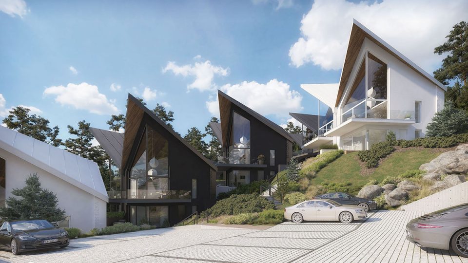 A visualization of a residential estate featuring modern luxury single-family homes designed in a contemporary mountain style.