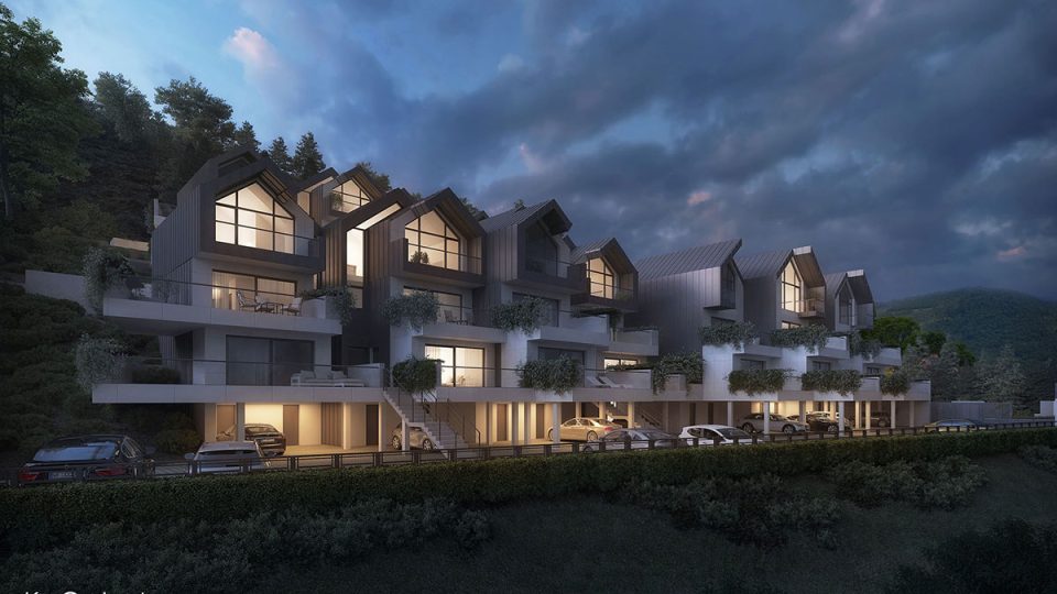Evening light visualization of a hospitality architecture in a mountain resort.