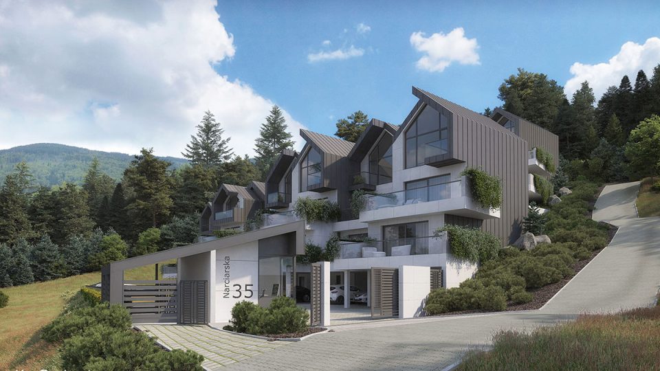 Architectural visualization of a luxury scenic complex of modern mountain homes offering views of the mountains.