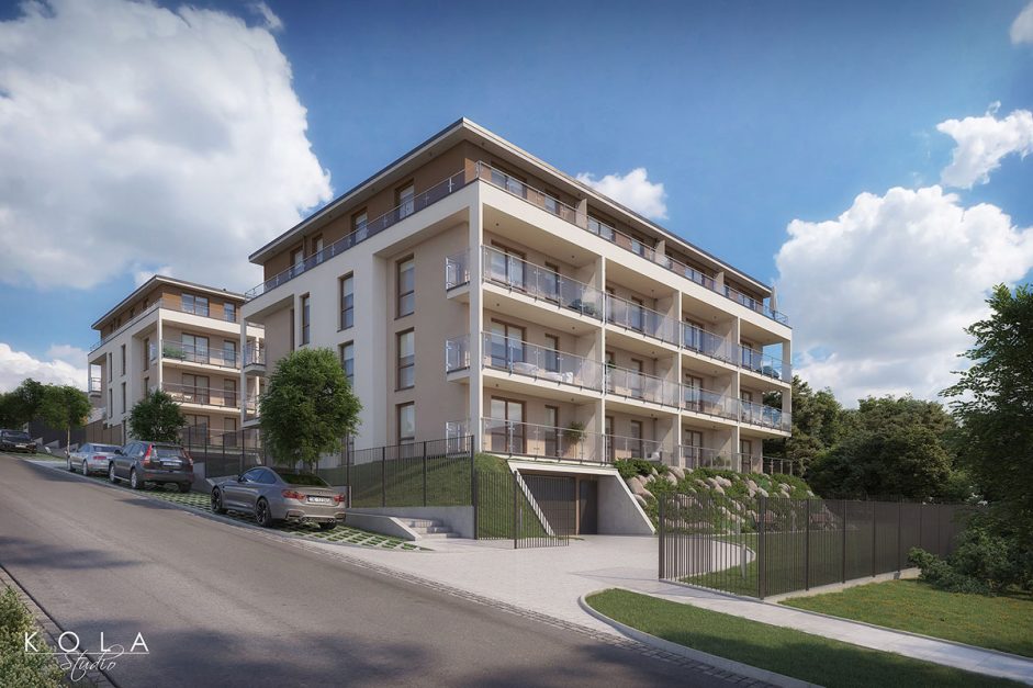 Urban design visualization of a mid-rise, multi-family residential complex.