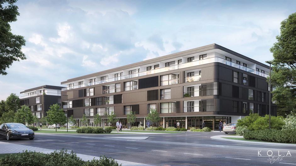 Luxury residential visualization featuring mid-rise, high-end apartment buildings with a modern, elegant dark facade, set in a city center and surrounded by greenery.