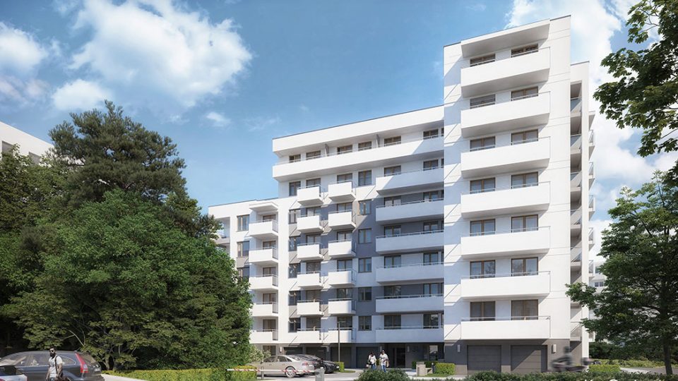 Architecural visualization of a high-quality apartment building with modern aesthetic, minimalist facades, spacious balconies, and premium city apartments for sale, placed in a green urban area.