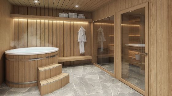 Interior visualization of a hotel relaxation area with a hot tub and sauna, designed in a mountain chalet style.