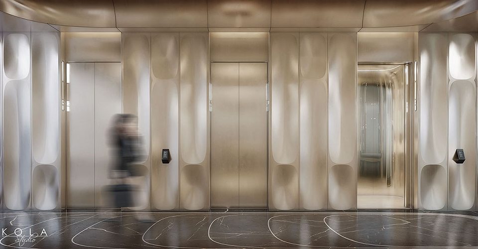 Interior visualization of a modern lobby with elevators in a premium-class office building