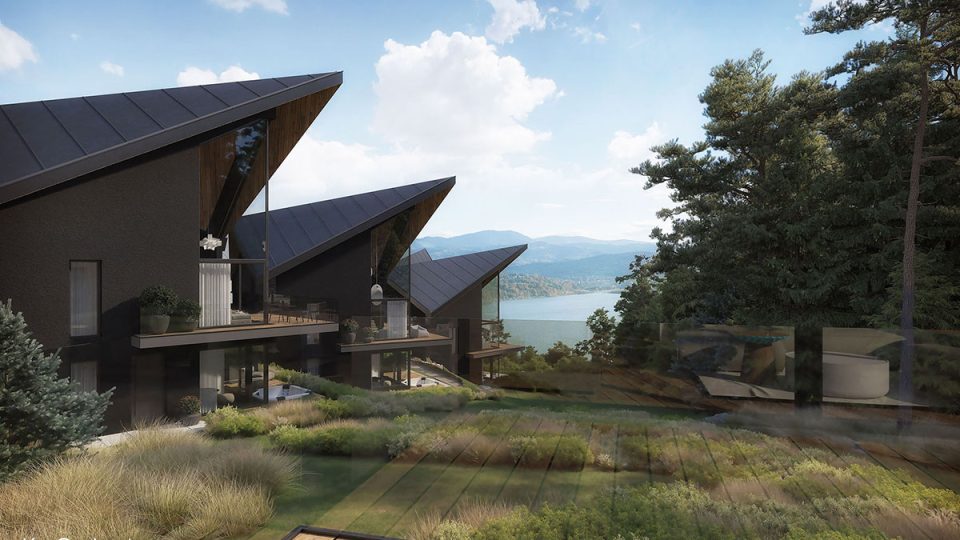 Architectural visualization of a luxury scenic complex of modern mountain homes with outdoor pools, offering views of the mountains and lake.