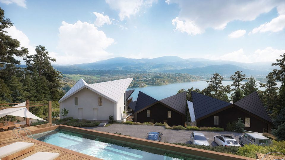 Exterior visualization of a residential community featuring modern luxury single-family homes and swimming pool designed in a contemporary mountain style.