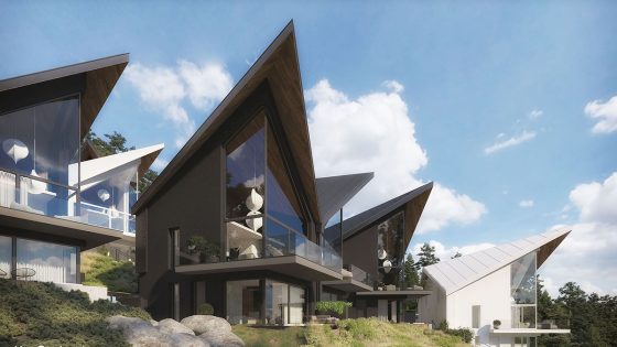 Architectural visualization of a residential community featuring modern luxury single-family homes designed in a contemporary mountain style.