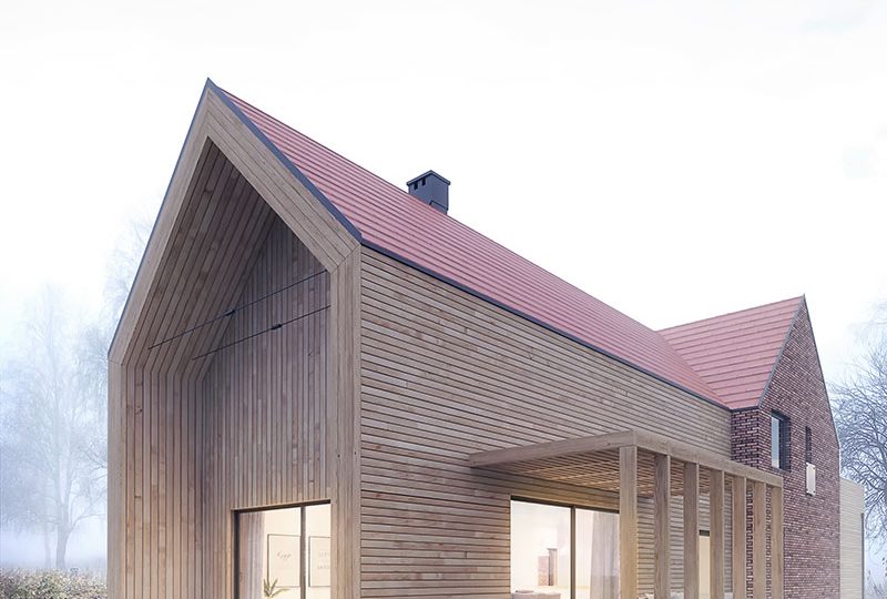 Moody architectural visualization of a minimalist barn-style home – sleek design with warm wood tones, surrounded by a serene autumn mist