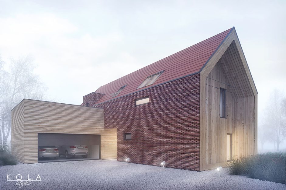Atmospheric architectural visualization of a modern barn-style house – minimalist form with wood and brick finishes, set in a misty autumn landscape