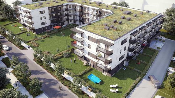 Aerial view visualization of landscape design with residential zoning – modern, multi-family residential building.