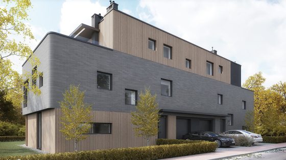 Architectural rendering of a modern luxury semi-detached housing development.
