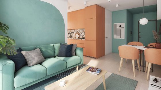 High-end interior visualization of a student dorm for sale or rent, prepared for a property developer, designed in a modern boho style with a vivid color palette