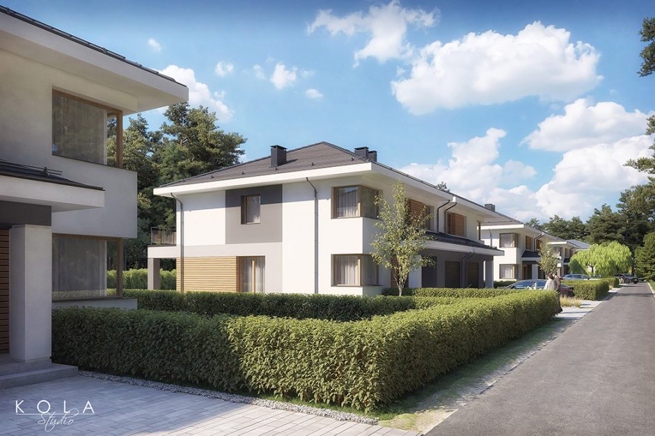 Exterior architectural rendering of multi-family residential buildings - modern, suburban semi-detached houses with green neighborhood, prepared for real-estate presentation