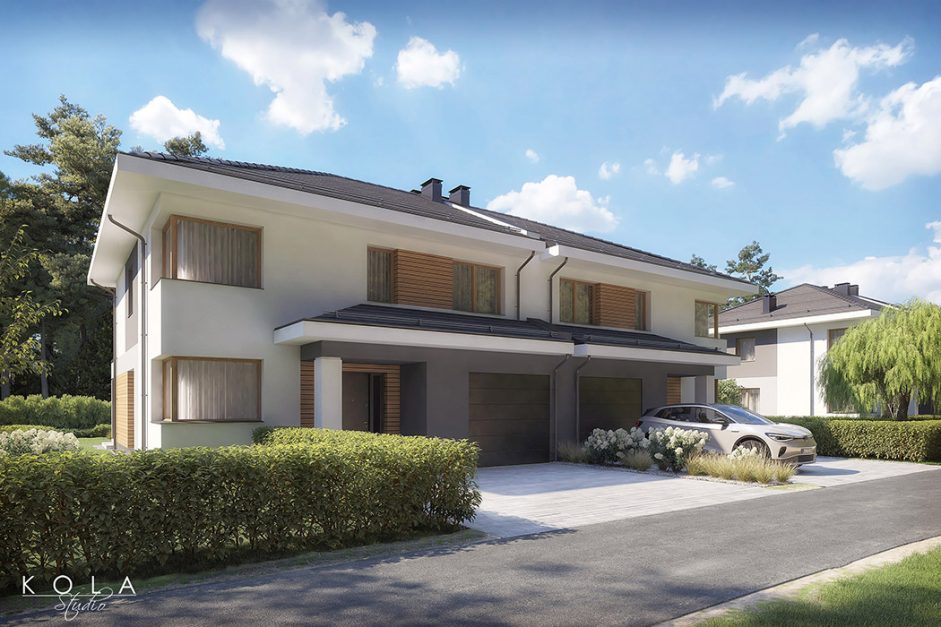 3D architectural visualization of a suburban housing complex with modern multi-family buildings, designed for real estate marketing and residential development presentations