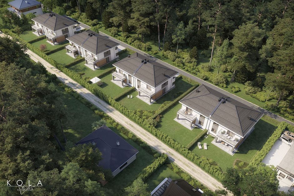Aerial 3D render of a suburban residential development masterplan with modern semi-detached houses and green areas, created for real estate developers and property investors